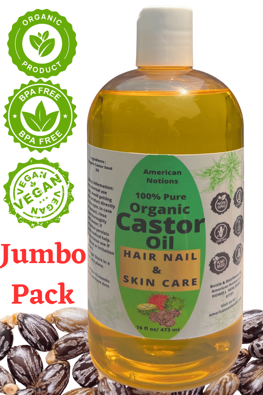 Organic Castor Oil for Hair, Eyebrows, Lashes, Skin & Nail, USP Grade