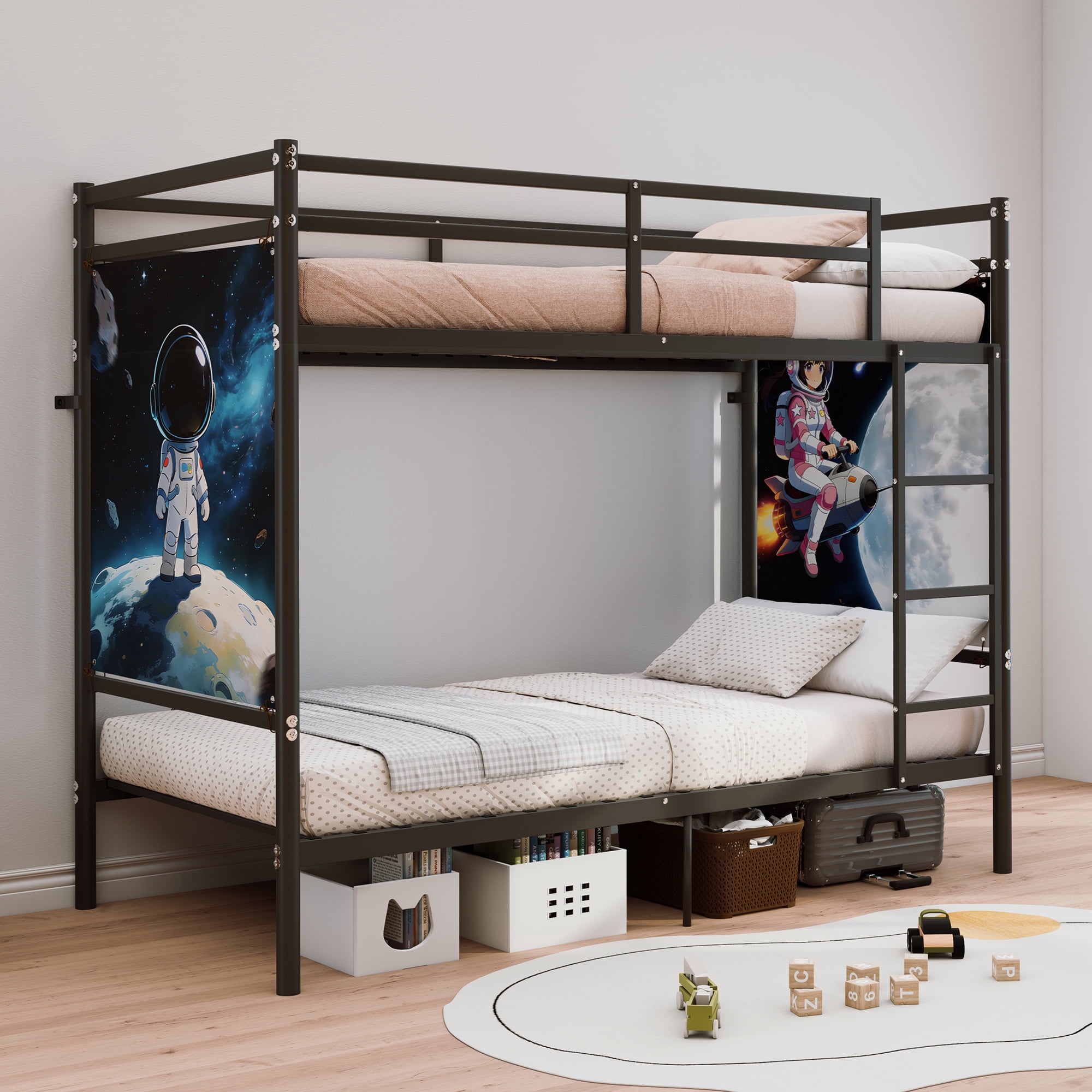 avobird Twin Over Twin Metal Bunk Bed with Ladder High Guardrails, Heavy Duty Iron Frame Noise-Free Design, Under Bed Storage, No Box Spring Needed, Posters Black