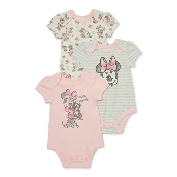Disney Baby Wishes Dreams Minnie Mouse Infant Baby Short Sleeve Bodysuits, 3-Pack, Sizes Newborn-12 Months