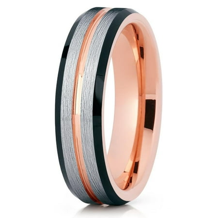 Silver Inlay Tungsten Ring - Tungsten Wedding Band Brushed Silver Tungsten Ring 18K Rose Gold Groove Inlay Black Beveled Edges 6mm Tungsten Comfort Fit