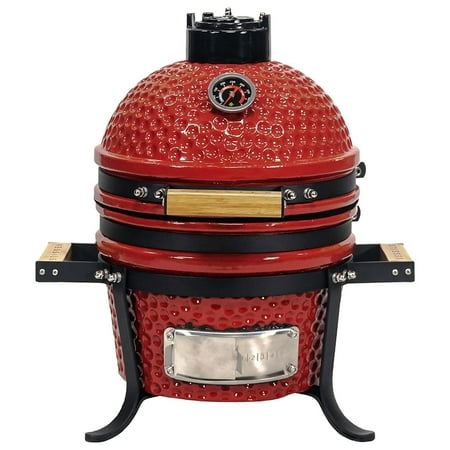 VESSILS 13 Inch Kamado Barbecue Ceramic and Stainless Steel Charcoal Grill with Built In Thermometer  Iron Top Venting Cap and Cooking Grid  Red