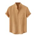 thumbnail image 1 of Lars Amadeus Camisas de lino de manga corta con botones y bolsillo de cuello alto de color sólido de verano para hombre Caqui M, 1 of 6