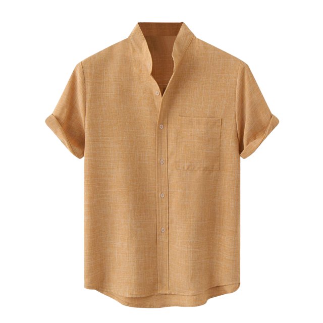 Lars Amadeus Camisas de lino de manga corta con botones y bolsillo de cuello alto de color sólido de verano para hombre Caqui M