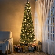 Naomi Home 7.5ft Pencil Christmas Tree with Lights, Realistic Pre-Decorated Slim Christmas Tree Prelit with 1099 Branch Tips, 350 Warm Lights and Metal Stand, Aritificial Christmas Tree