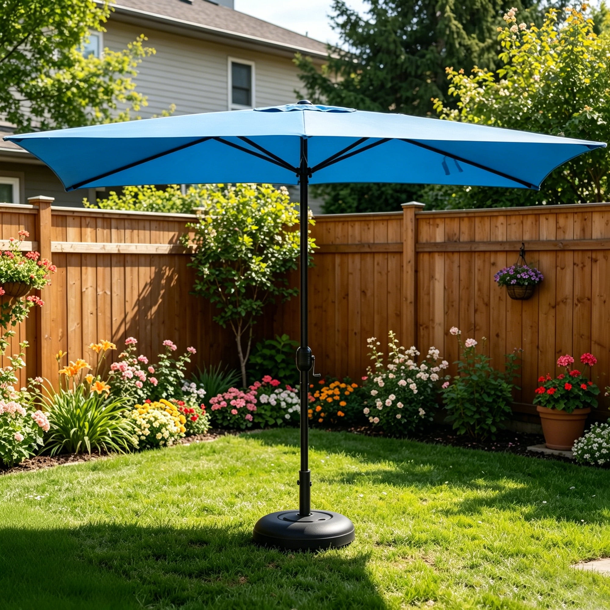 Kool 10x6.5ft Rectangular Patio Umbrella with Crank Handle, Outdoor Market Umbrella with 6 Sturdy Umbrella Ribs, Waterproof, Aqua