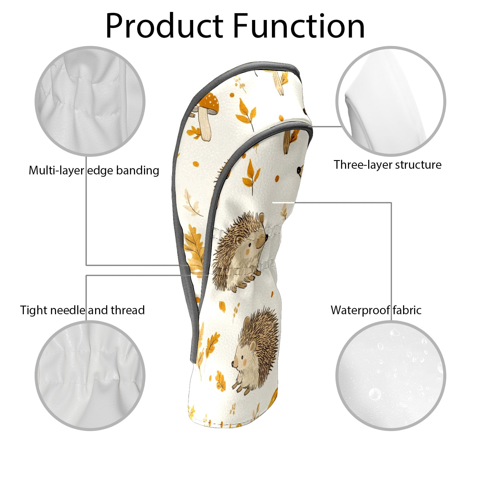 Golf Head Covers Cute Hedgehog Design for Driver, Wood & Hybrid, Premium Waterproof PU Leather with Plush Lining, Animal Golf Gifts