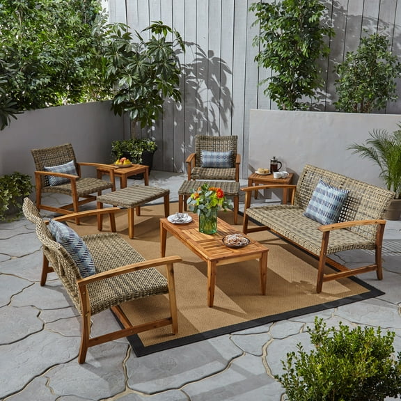 GDF Studio Beacher Outdoor 9 Piece Wood and Wicker Chat Set, Gray