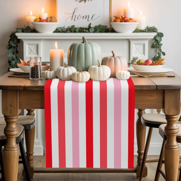 Red Pink Ombre Stripes Cotton Linen Table Runner, Washable Table Runners for Kitchen, Dining Room, Holiday, Home Party Table Decor, 13x60 Inches
