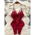 thumbnail image 2 of Mono sexy de encaje floral con tiras de CHILLGIO para mujer, mono ajustado erótico transparente de una pieza sin espalda para discoteca, 2 of 4