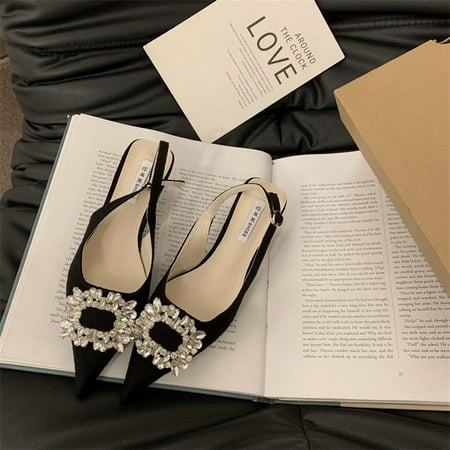 

Women s Rhinestone Buckle Decor Sandals Ankle Strap Casual Kitten Heel Shoes Point Toe Lightweight Shoes-黑色||35码
