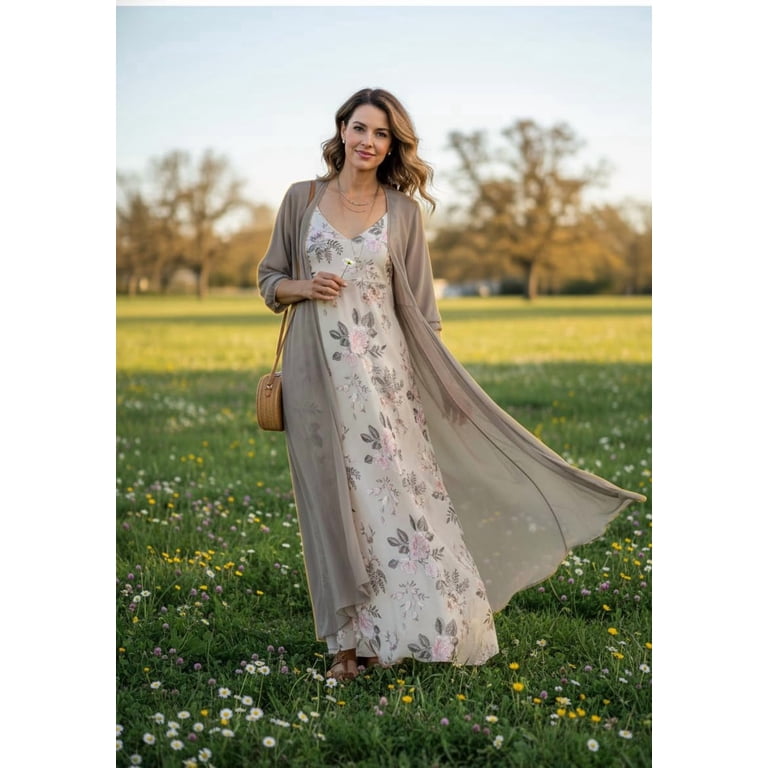 Womens's Casual 2 Piece Set Boho Floral Print Maxi Dress with Cardigan Flowy  Chiffon Wedding Guest Dresses for Women - Walmart.com