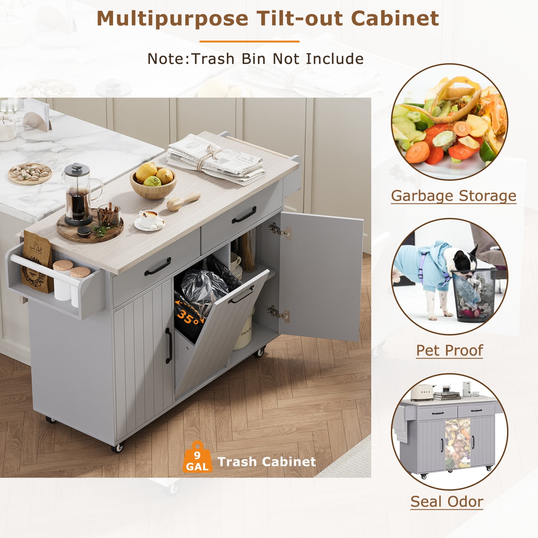 Alvantor Kitchen Island Carts with Trash Can, Rolling Buffet Cabinet with Drop Leaf,Spice Rack and Towel Rack for Dining Room Living Room Grey