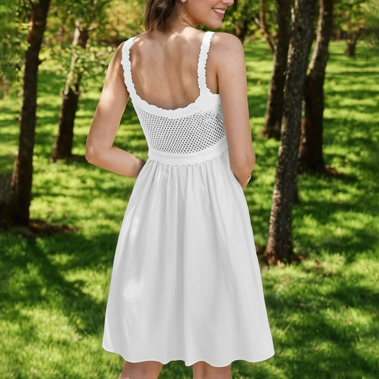 Xysaqa Summer Dresses for Women Crochet Embroidered Cute Comfy Tank Dress  Knee Length Spaghetti Strap Flowy Boho Dress Beach Cover Up Dress White -  Walmart.com