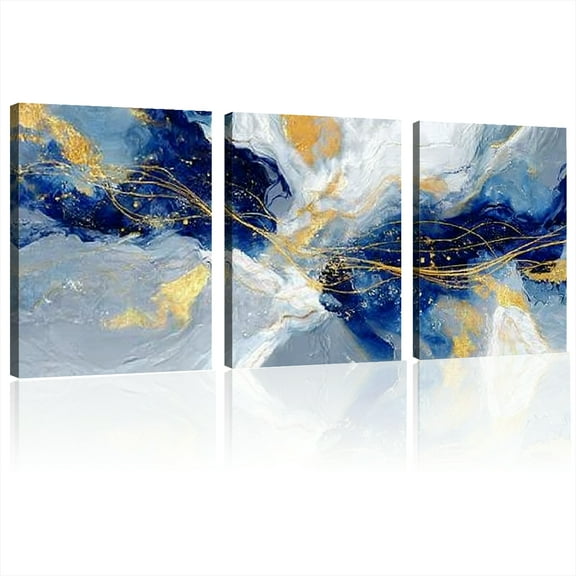 Abstract Wall Art Modern Blue Golden Grey Abstract Picture Large Canvas Prints for Living Room Bedroom Size 12x16x3pcs