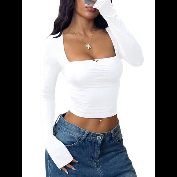 Camisas de Cuello Cuadrado para Mujer, Camisetas de Larga Ajustadas para Salir S