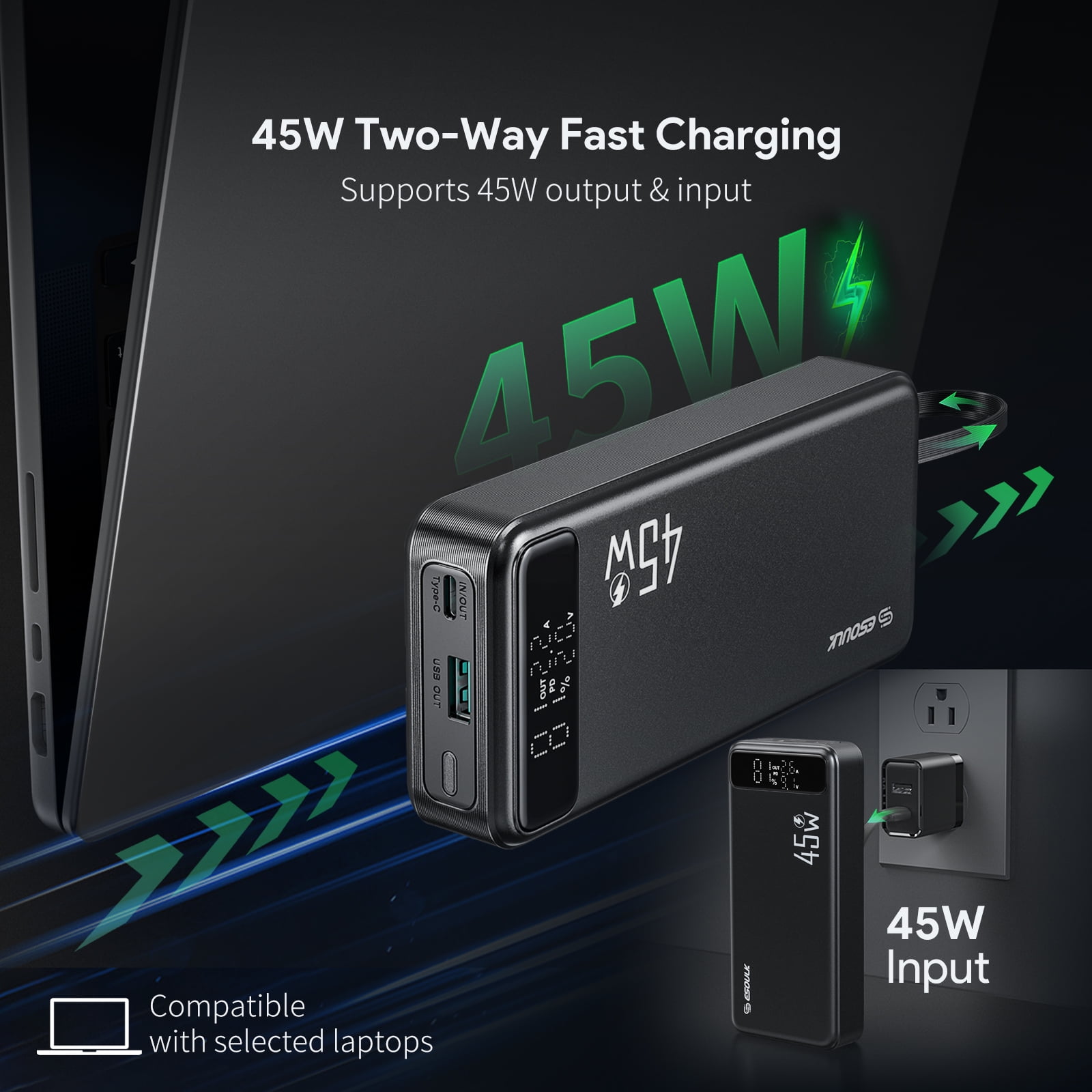45W 20000mAh Power Bank Battery with Integrated USB-C Charging Cable - Black