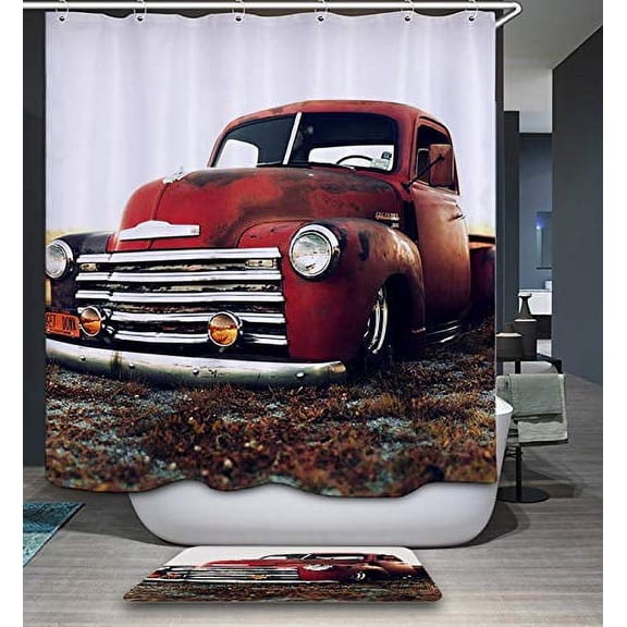 GoJeek Chevy Truck Shower Curtain Retro Rustic Red Truck Cars Bathroom Decor (72?x72?)
