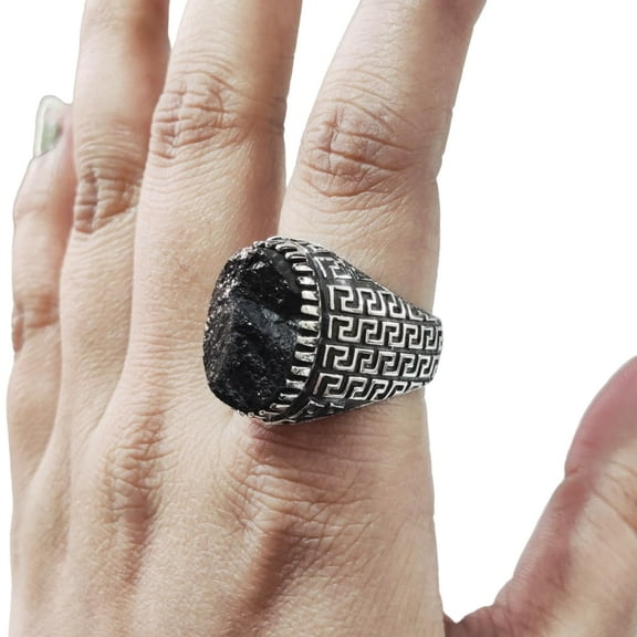 Rough Black Tourmaline Mans Ring, Natural Black Tourmaline, Silver Jewelry, 925 Silver Ring, Birthday Gift, Heavy Mens Ring, Arabic Design, Ottoman Style Ring, Christmas, Turkey Mens Signet Ring