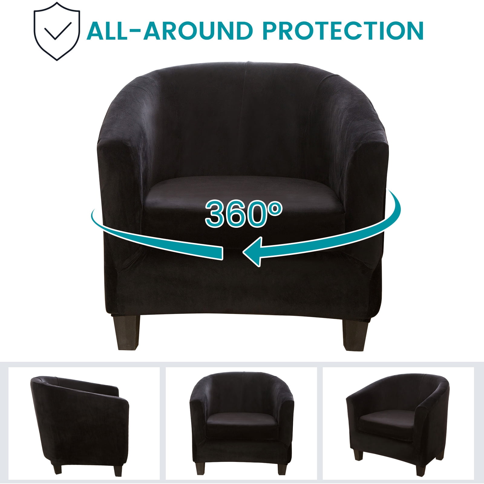 SHANNA Velvet Tub Chair Covers, 2 Pieces Stretch Modern Armchair Slipcovers Non Slip Sofa Couch Slipcover for Club Bar Counter Living Room Reception,With Separate Cushion Cover, Black, 2 Pack
