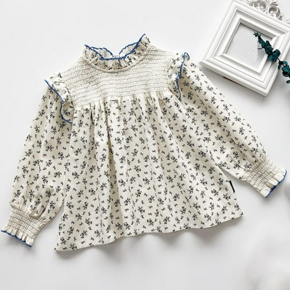 Blczomt Cute Girl Shirts Long Sleeve Cotton T Shirts Ruffle Peplum Beige Casual Girls' Tees