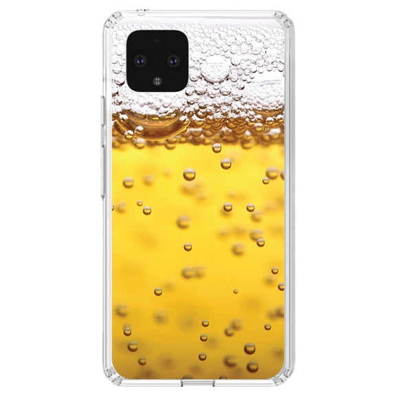 DistinctInk Clear Shockproof Hybrid Case for Google Pixel 4 (5.7" Screen) - TPU Bumper, Acrylic Back, Tempered Glass Screen Protector - Beer Glass Foam Bubbles