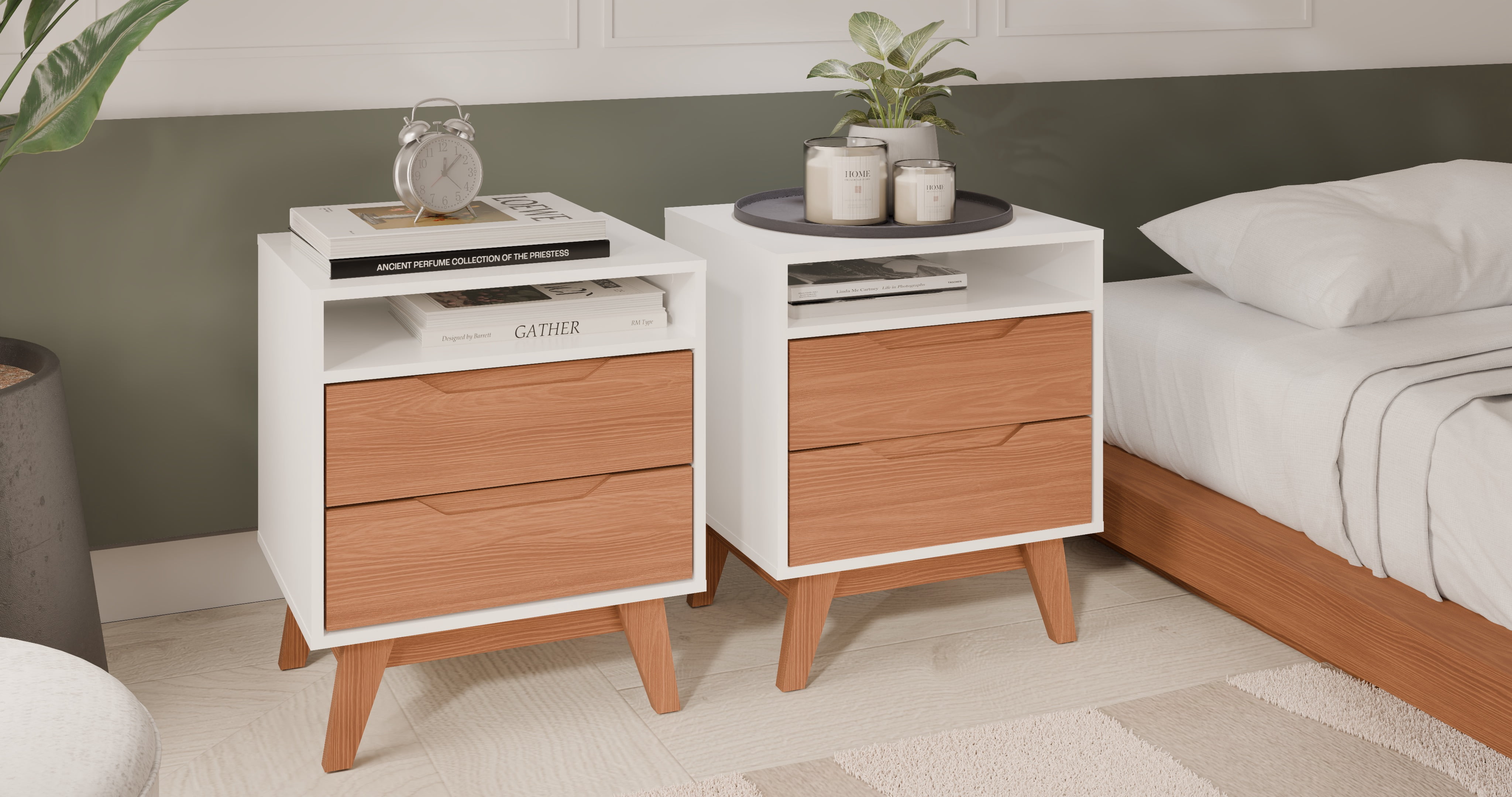 Kappesberg Paris 2-Piece Nightstand Set with 2 Drawers Open Shelf and Built-In Handles White/Golden Oak – Modern Bedroom Storage
