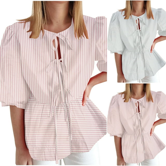 Yuyuzo Women Shirt Puff Short Sleeve Ruffle Blouses Tops Cute Dressy Casual Front Lace up Going out Tops