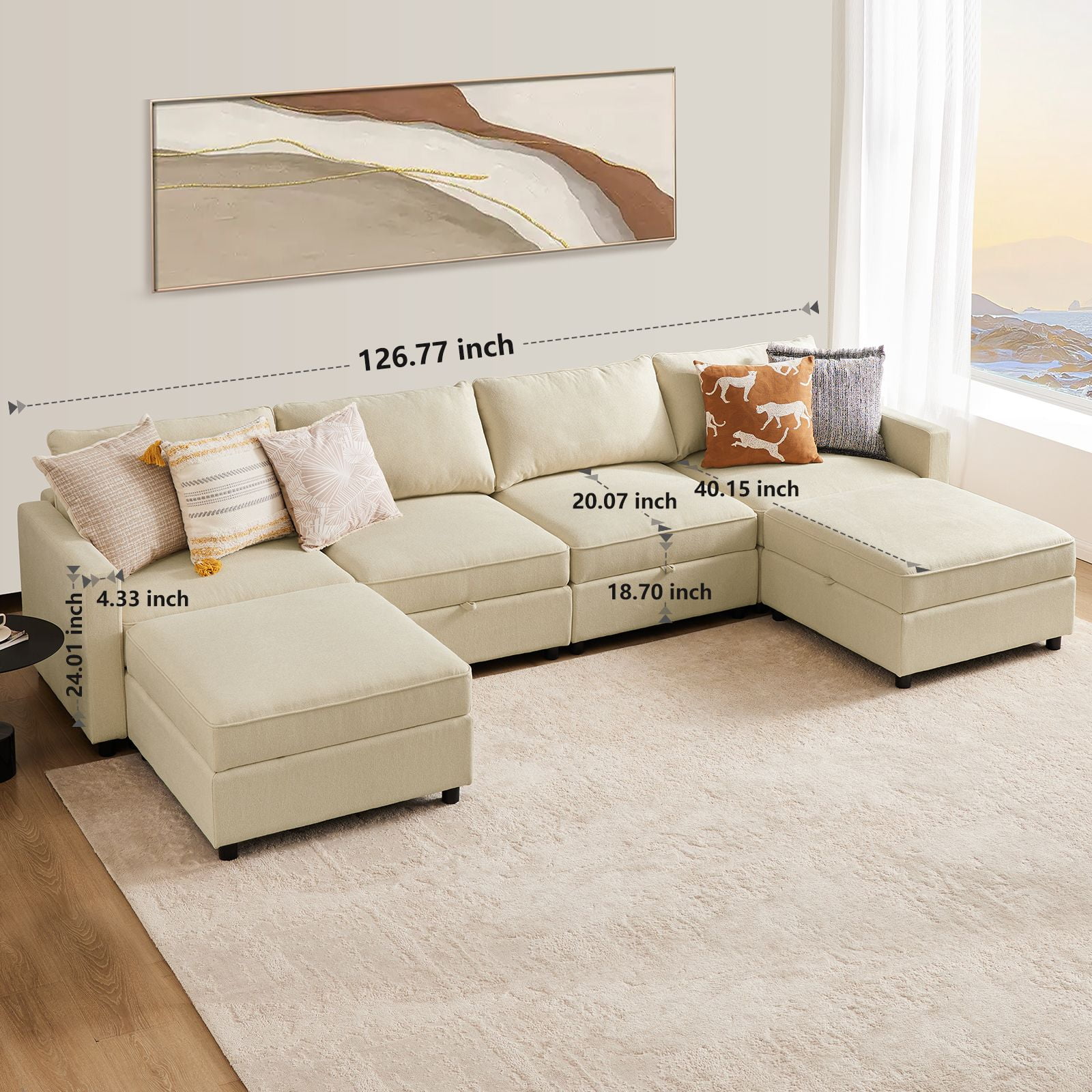 Sectional Sofa Couch, 6 Seat Sofa Set with Storage for Living Room, Modern Modular Sofa Sleeper with Ottoman, Beige