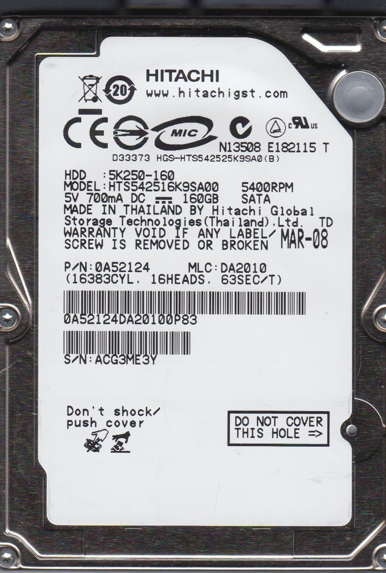 hts542516?K9sa00、PN 0?a52124、MLC da2010、Hitachi 160?GB SATA 2.5ハードドライブ HTS542516K9SA00, PN 0A52124, MLC DA2010, Hitachi 160GB SATA