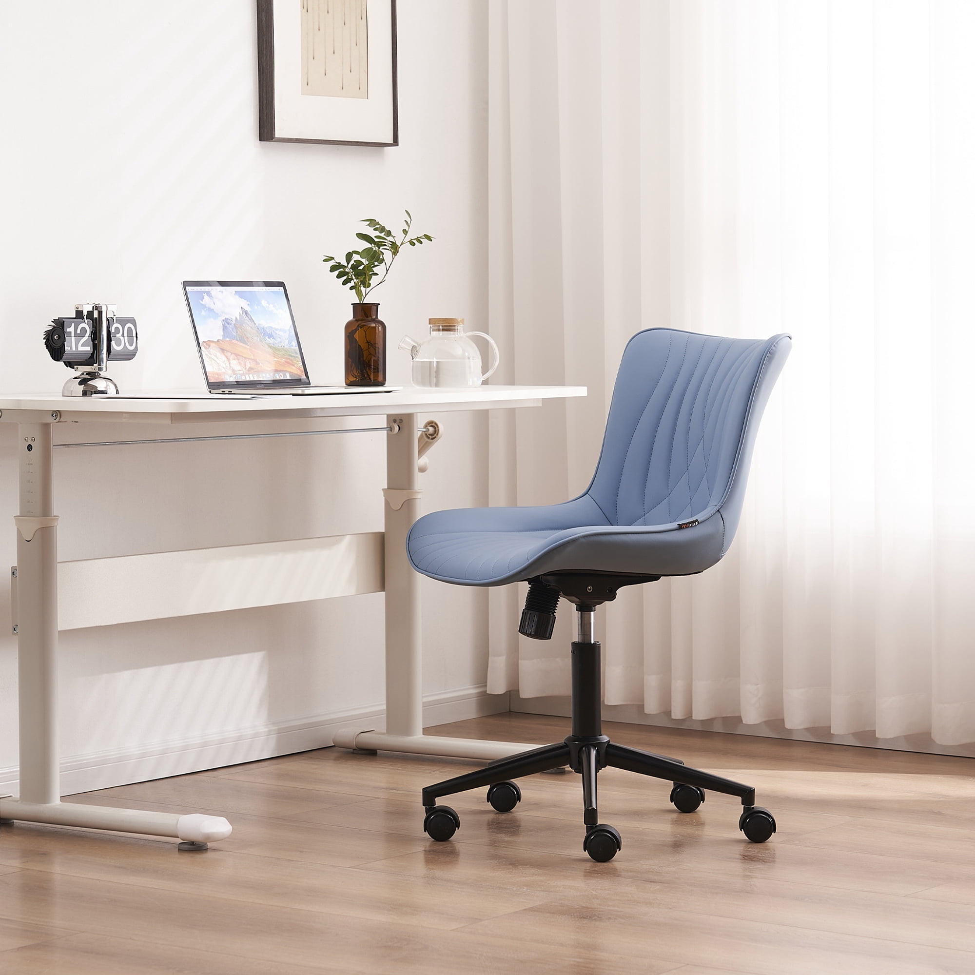 YOUNIKE Modern Office Chair with Wheels Adjustable Ergonomic Desk Task Chair in Mid-Back Blue PU Design