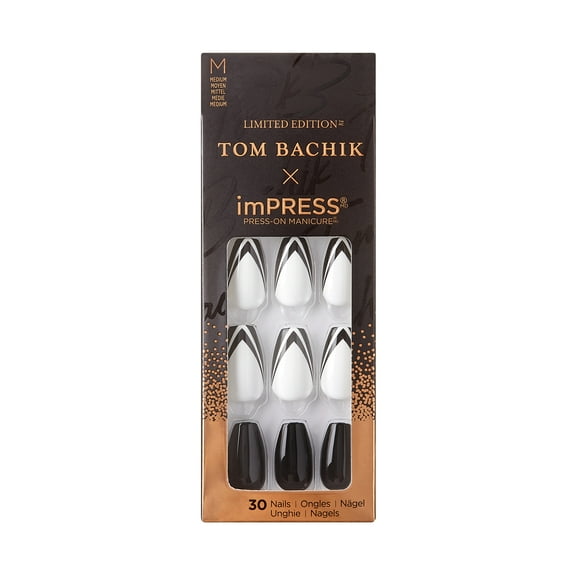 KISS TOM BACHIK x imPRESS Medium Coffin Press-On Nails, Black & White, 30 Pieces