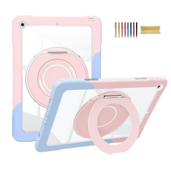 Allytechgroup Rugged Clear Case for Apple iPad 10.2" 9th/8th/7th Generation, Rotating Stand Bumper Anti-Scratch Handle Kids Friendly Lightweight Case for iPad 10.2" 2021/2020/2019, Blue Pink