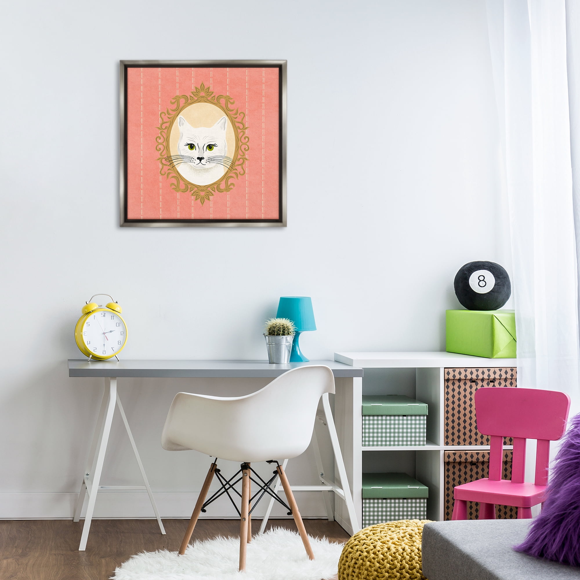 Stupell Industries White Cat Portrait Animals Painting Gray Floater Framed Canvas Art Print Wall Art, 25 x 25
