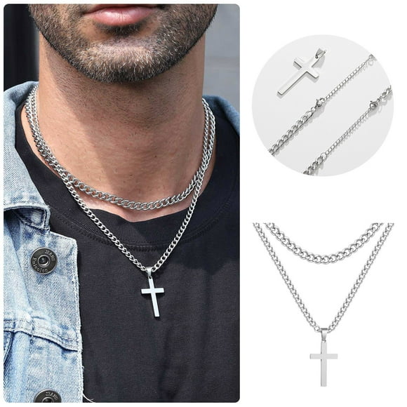 Women's Fashion Silver Stainless Steel Necklace Layered Stainless Steel Crossing Necklace For Men Boys Silver Chain Necklace