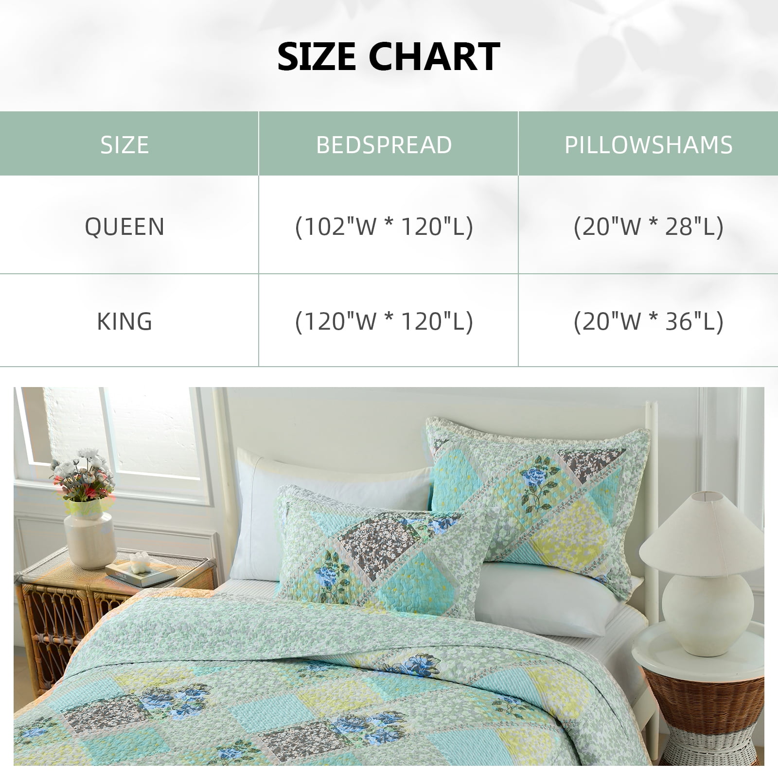 PANGUSHAN 100% Cotton 120"x120" Oversized California King Bedspread Coverlet Quilt Set, Cal King Quilted Bedspread Extra Large Wide Quilt, Floral XL Bed Spread Lightweight Comforter, 3pc, Green/Blue