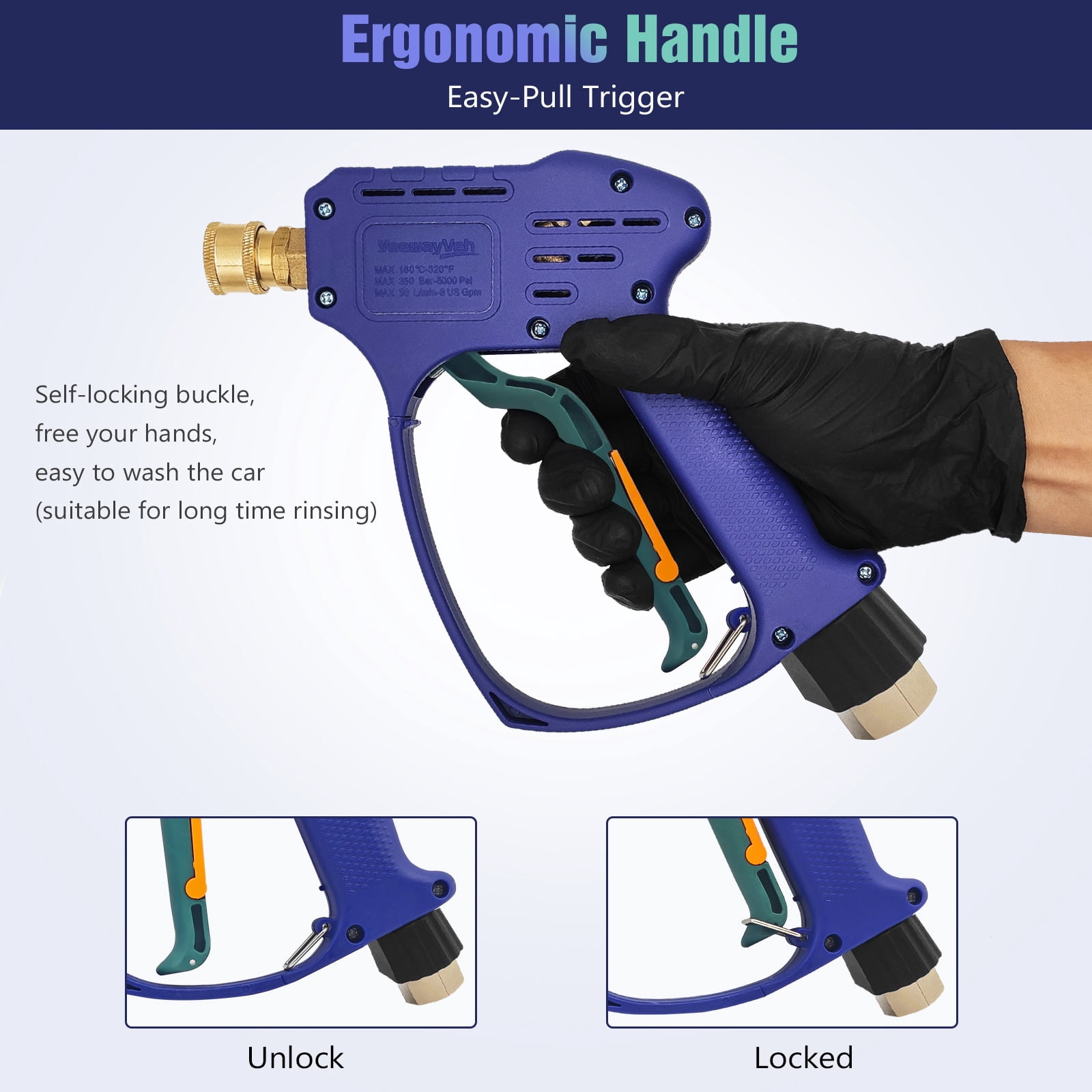 YeewayVeh Swivel Pressure Washer Gun, Short Washer Gun with 3/8" Quick Connect and M22 14 /15mm Fitting, Pressure Washer Gun for Foam Cannon with 2 Nozzles