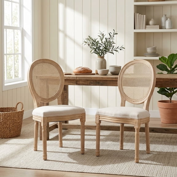 FFZ 37.4"Tall French Style Solid Wood Dining Chair Set of 2 with Rattan Back, Spring Cushion, Beige