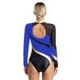 thumbnail image 4 of Raenseen Womens Long Sleeve Gymnastic Leotard Metallic Patchwork Bodysuit Top Figure Skating Dance Royal Blue S, 4 of 9