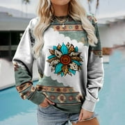 FAVIPT Women's Western Aztec Sweatshirt Long Sleeve Crewneck Pullover Vintage Tops Sweater Ethnic Graphic Spring 2024 Tees Top Blouses