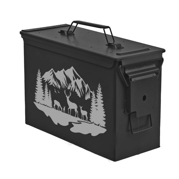 Steel Ammo Can Storage Box Ammunition Case Deer Mountain Forest River Scene (30cal, Black)