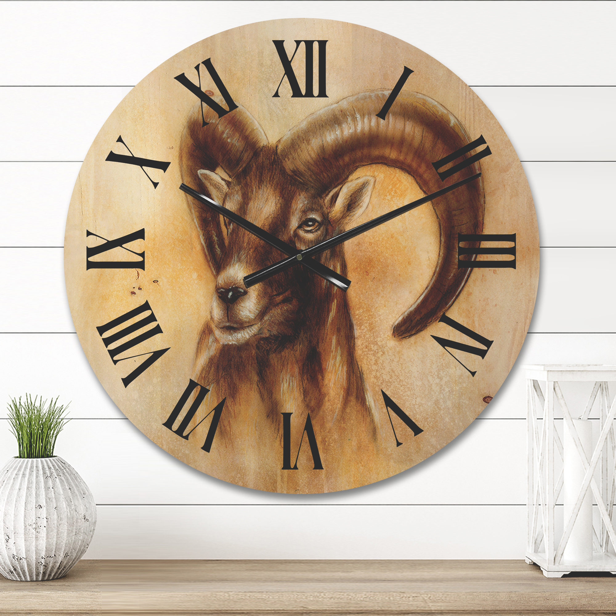 Designart 'Abstract Portrait of Wild Ram With Mighty Horns I' Modern Wood Wall Clock