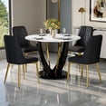 thumbnail image 3 of Table and chair set. A 42 Inch Diameter Round Tempered Glass Pandora marble patterned Dining Table - V-Shaped MDF Legs. Paired With 4 Black PU Chairs with Simple Line Designs On The Backrest., 3 of 6