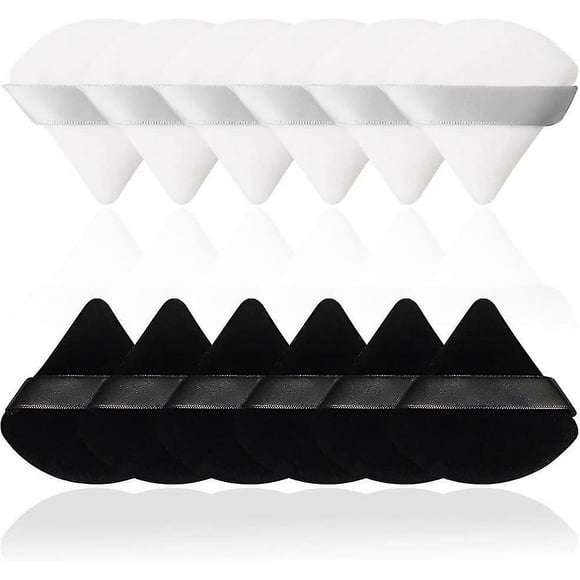 12 borlas de maquillaje triangulares de algodón para uso facial, en seco y húmedo (negro y blanco)