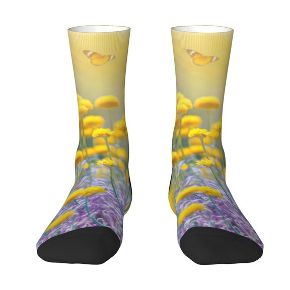 Uemuo Flowers And Butterflies Pattern Women's Crew Socks, Soft Durable Breathable Moisture-Wicking with Odor Control Cotton socks