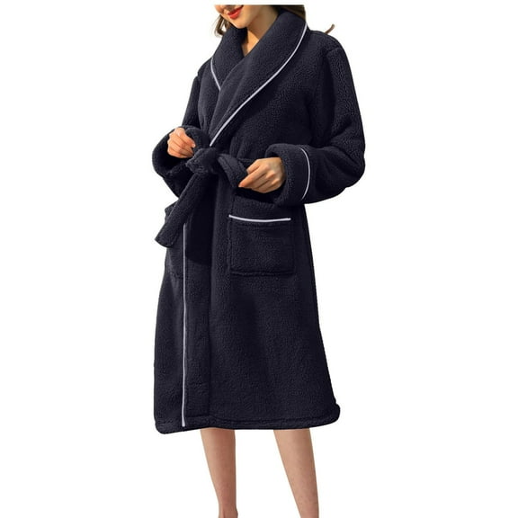 Oksale Plush Towel Robe for Women Trendy Shawl Collar Bathrobe with Pockets Plus Size Comfy Long Sleeve Midi Robes with Belt Ultra Soft Warm Winter Loungewear Navy M