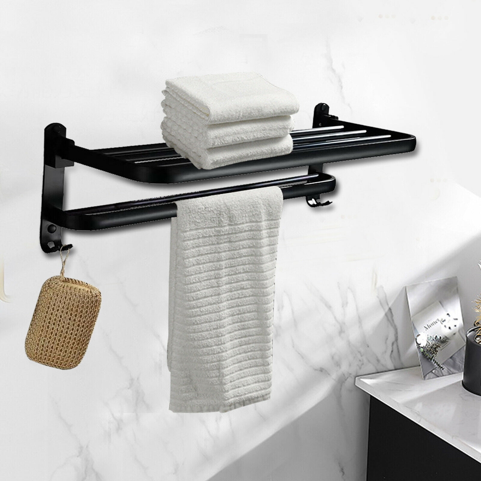 Anqidi Wall Mounted Bathroom Folding Towel Rack Black Space Aluminum Towel Shelf 23.62x9.06x7.87 In