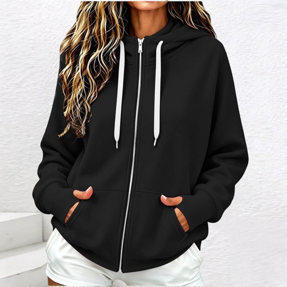 thefmos Women's Casual Zip Up Hoodie Sweatshirt Solid Color Long Sleeve Drawstring Hooded Jacket Fall Winter Outfit, Black S