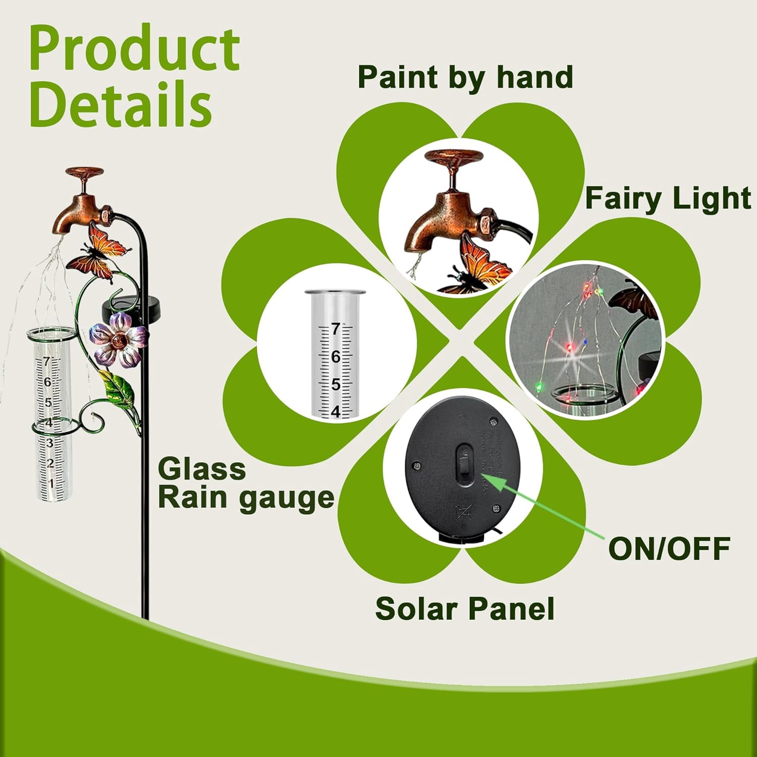 32" Garden Rain Gauge with Thermometer - 7" Glass Tube for Outdoor Indoor Use, Patio Yard Decor Statue