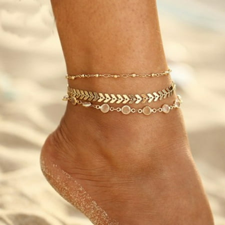 - Girl12Queen 3Pcs Golden Tone Faux Crystal Fish Bone Anklet Multi-layer Beach Ankle Bracelet