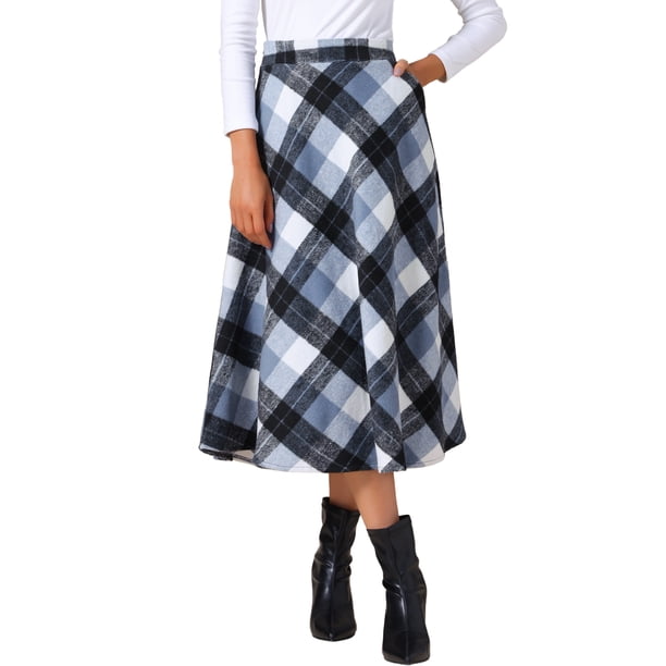 FALDA LARGA A-LINE DE CUADROS VINTAGE DE ALTA CINTURA PARA MUJERES INSPIRE CHIC CON BOLSILLOS M GRIS AZUL